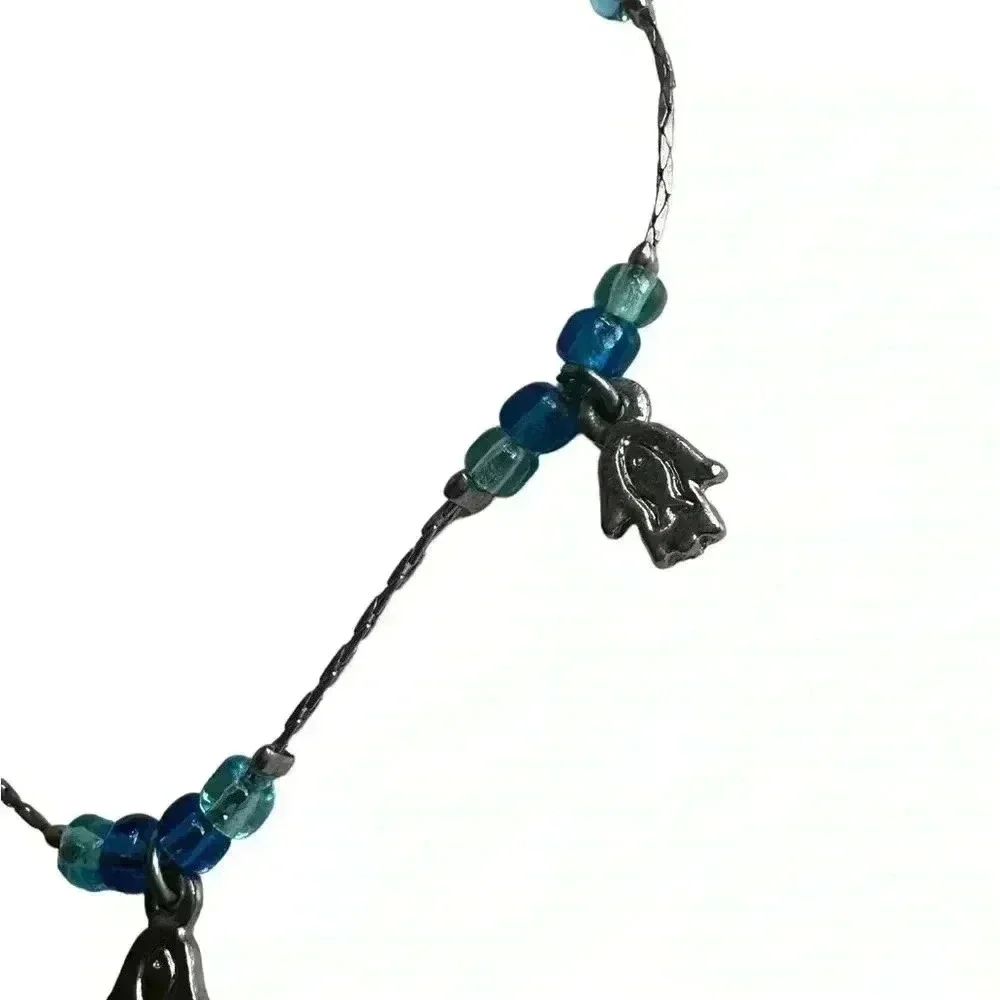 Silver metal beaded hamsa charm evil eye bracket dangle anklet women’s jewelry